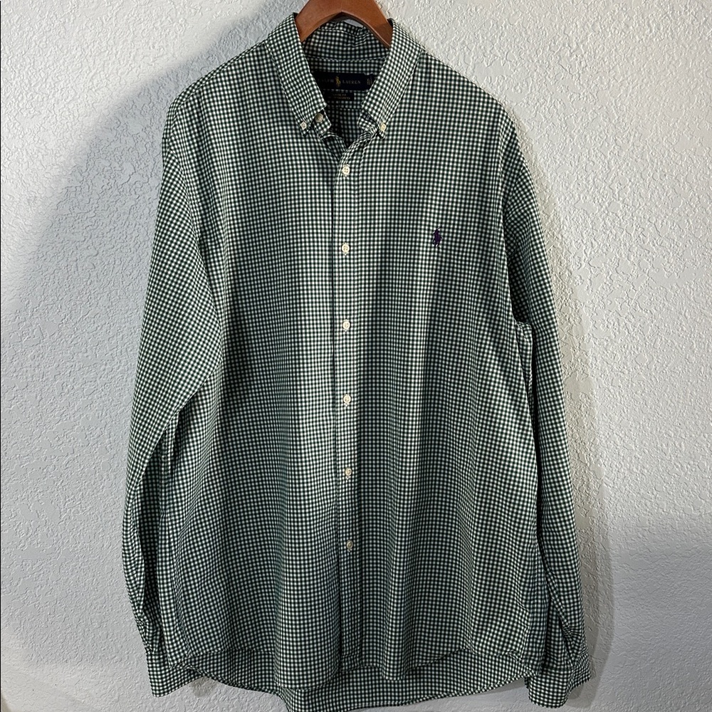 Ralph Lauren Gingham Green Stretch Poplin Button Down Shirt Long Sleeves XL